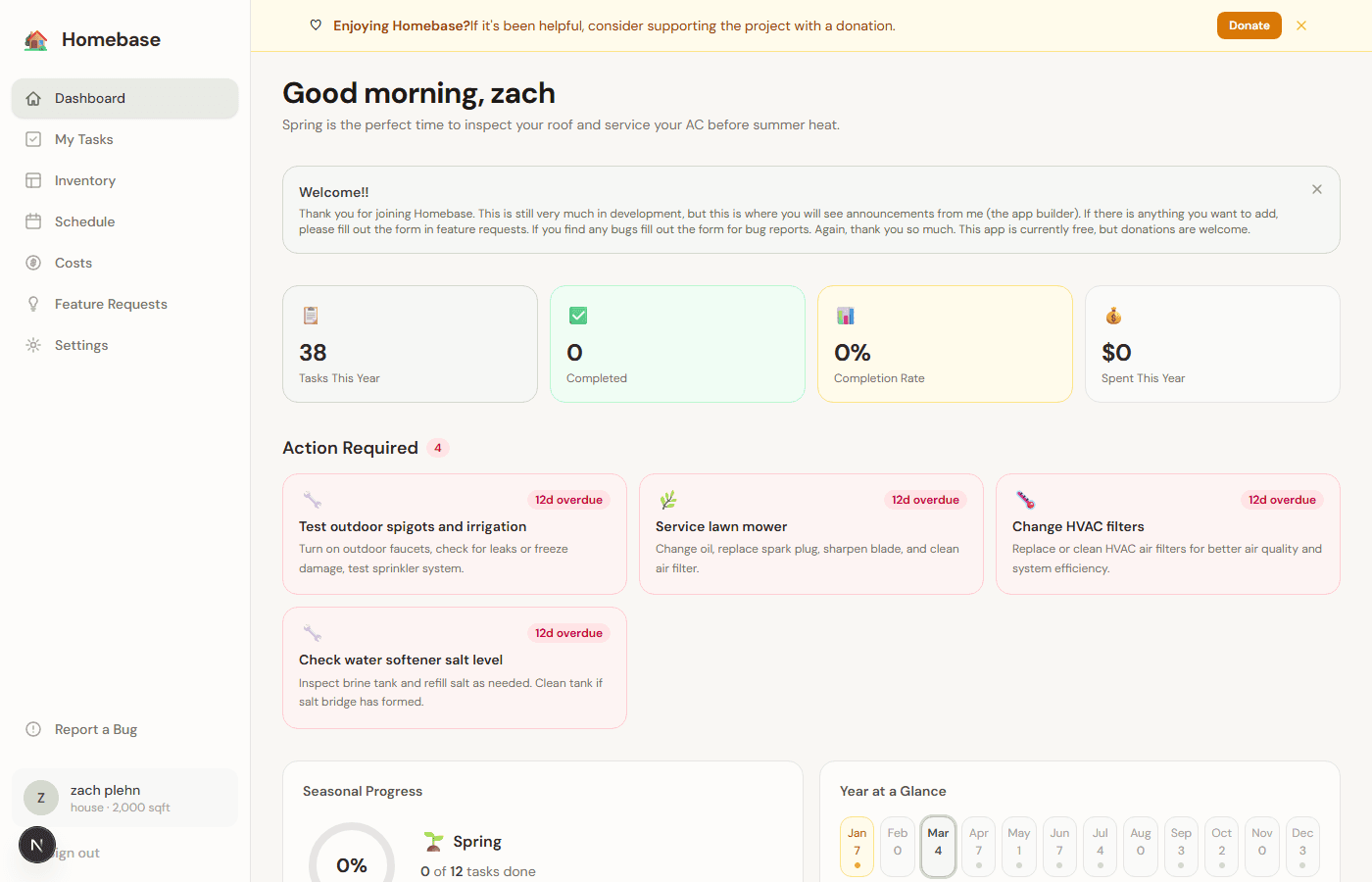 Homebase dashboard showing maintenance tasks, completion stats, and action items