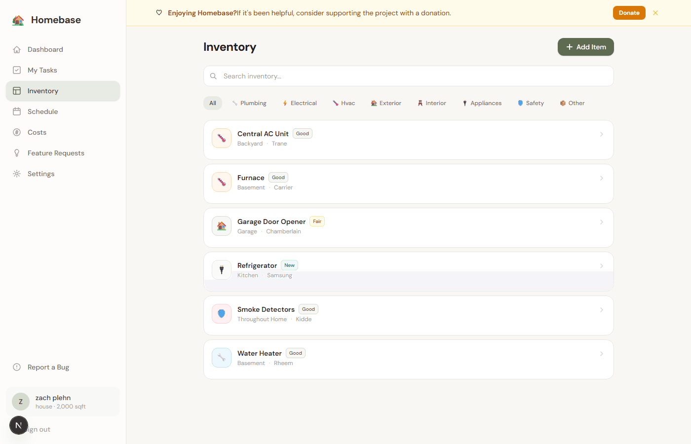 Inventory page showing home equipment, appliances, and systems with conditions and locations